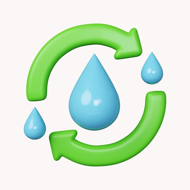 PSD 3d twee pijlen groen circuleren rond waterdruppel blauw waterrecycling ecologie hernieuwbare natuurlijke hulpbron concept icoon geïsoleerd op witte achtergrond 3d rendering illustratie uitknippad