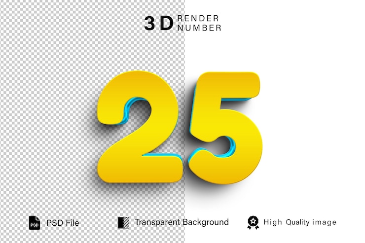 PSD 3d 25 숫자 25 투명한 배경에 고립 된 황금색
