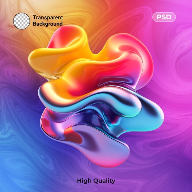 PSD 3d twisted fluid abstract colorful metallic shape floating on minimalist wavy abstract background