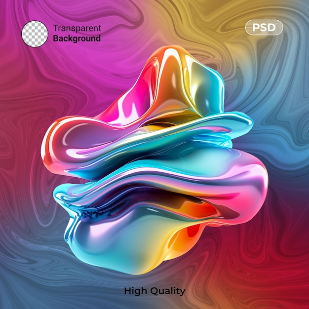 PSD 3d twisted fluid abstract colorful metallic shape floating on minimalist wavy abstract background