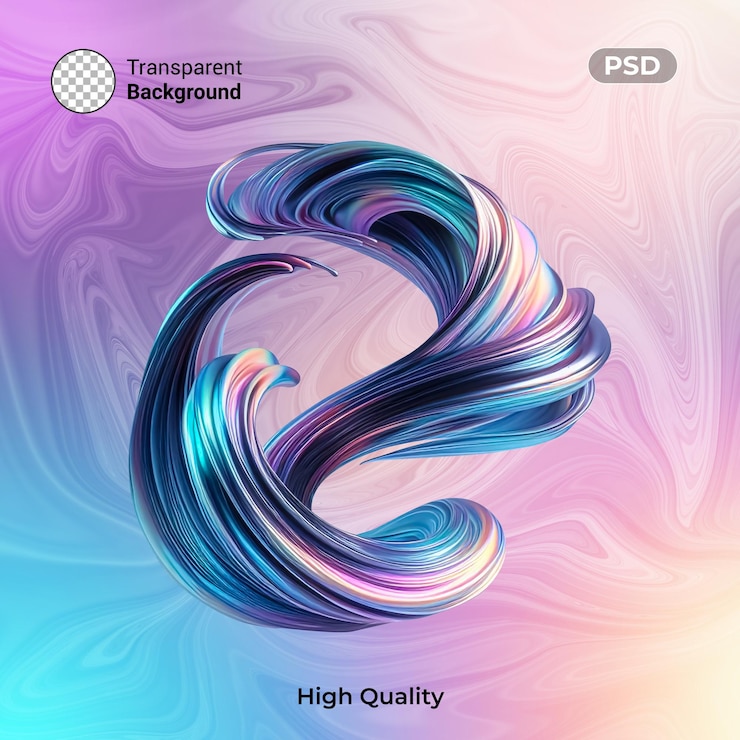 PSD 3d twisted fluid abstract metallic shape holographic colored