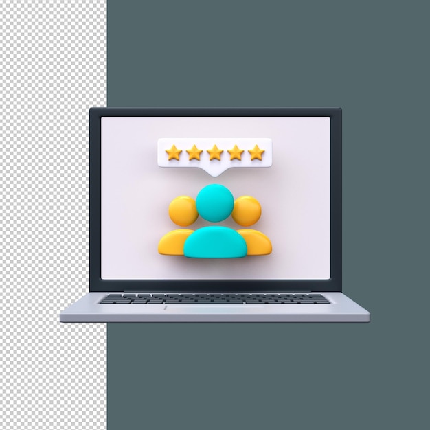 PSD 3d users with stars on laptop screen online reviews concept in 3d style