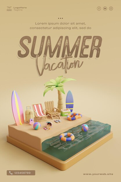 3d vacation scene with 3d render objects suitable usefor banner social media post landing page etc