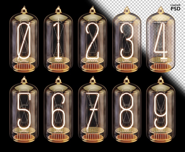 PSD 3d vacuum tubes font with glowing numbers
