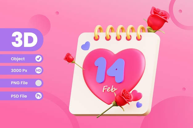 3d valentine calendar object with transparent background