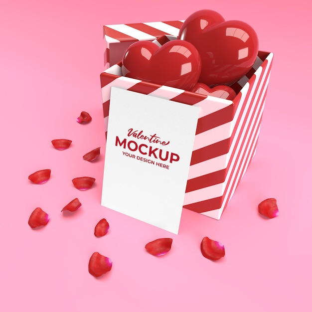 PSD 3d valentine card mockup with heart gift and petals in 3d rendering