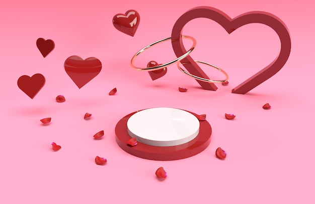 PSD 3d valentine-het stadiumscène van het product gouden ring rood hart in het 3d teruggeven