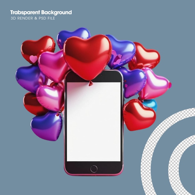 PSD 3d valentine on mobile phone render plasticine confetti on smartphone elements in heart balloons
