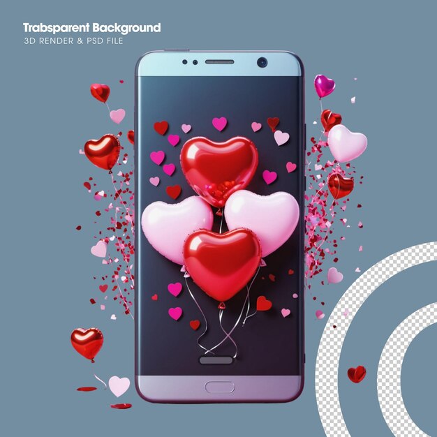 PSD 3d-валентин на мобильном телефоне рендеринг пластиковых конфетов на смартфоне элементы в сердечных воздушных шарах.