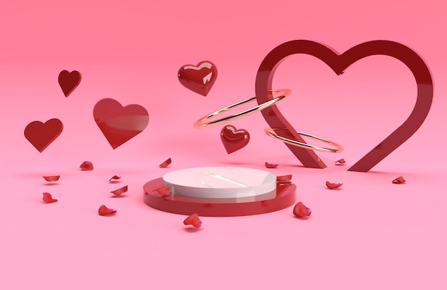 3d valentine product golden ring red heart stage scene in 3d rendering