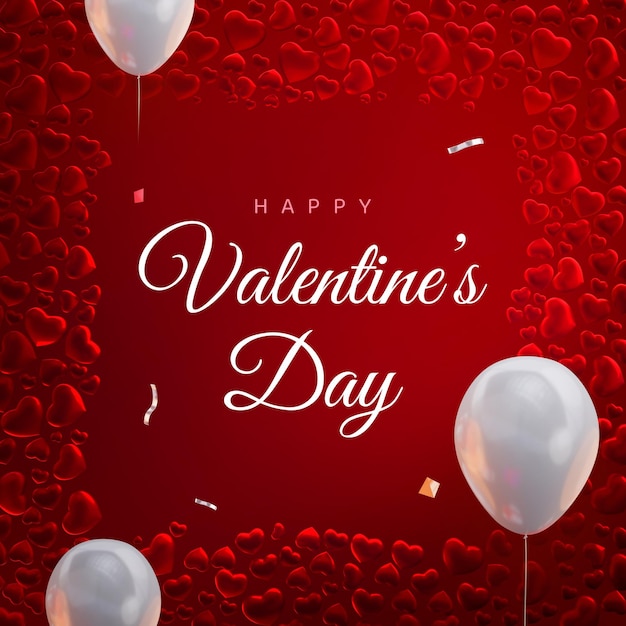 Template di banner 3d per la festa di san valentino con cuori, palloncini e confetti