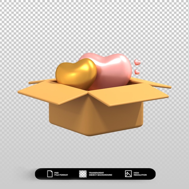 愛の心のアイコンイラストが分離された3dバレンタインデー段ボール箱