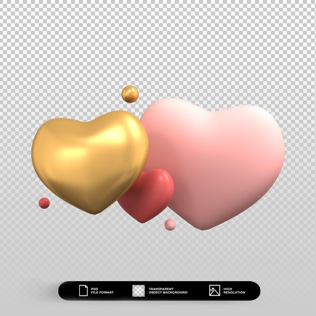 3D valentines day pink and gold hearts icon illustration isolated