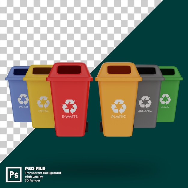 PSD vari tipi di rifiuti 3d in fila