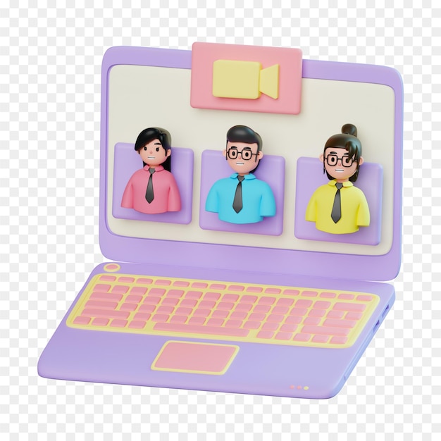 3D-videovergadering met laptop Een computer met een laptop en een man en een vrouw op het scherm