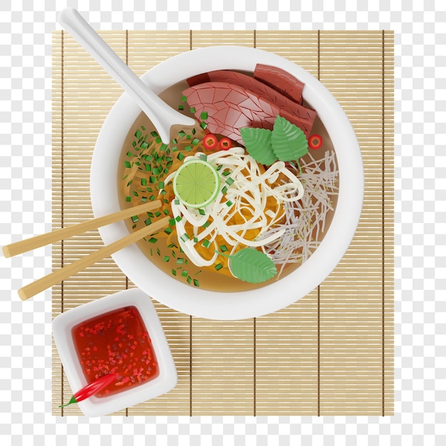 Zuppa di pho bo vietnamita 3d con spaghetti di riso di manzo su una stuoia di bambù vista dall'alto