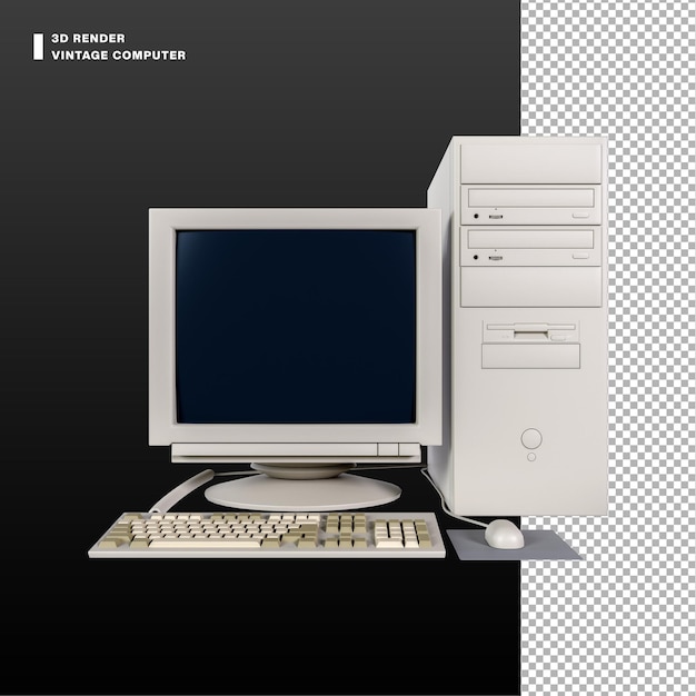 PSD 3d vintage computer monitor with mouse cpu and keyboard from front view