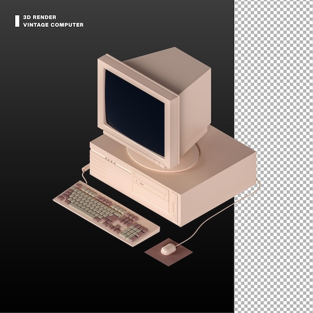 PSD 3d vintage computer monitor with mouse cpu and keyboard from isometric view