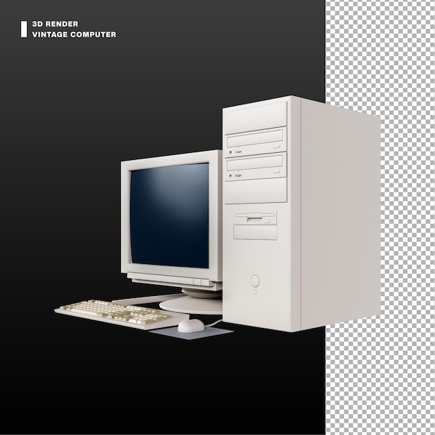 PSD 3d vintage computer monitor with mouse cpu and keyboard from side view