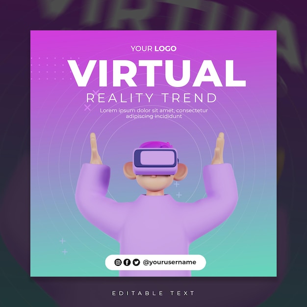 PSD modello di post sui social media di tendenza della realtà virtuale 3d