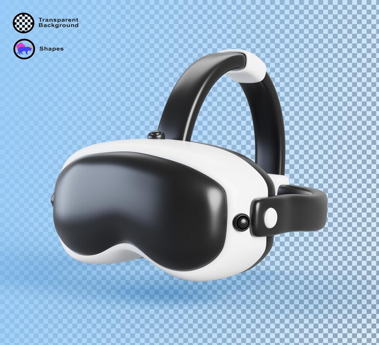 PSD 3d vr okulary do gier wideo i edukacji realistyczny render czarno-białej wirtualnej rzeczywistości słuchawka hełm hmd wyświetlacz ar okulary elektroniczne wyizolowane na niebieskim tle