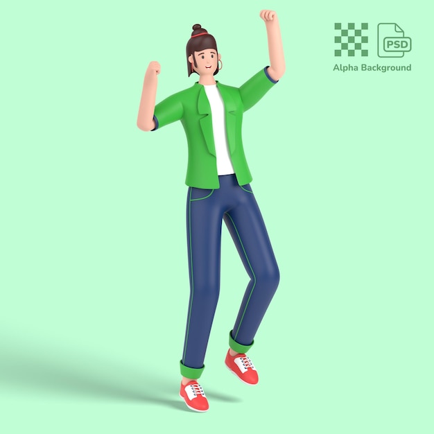 3D vrouwelijk personage springen en viert succes