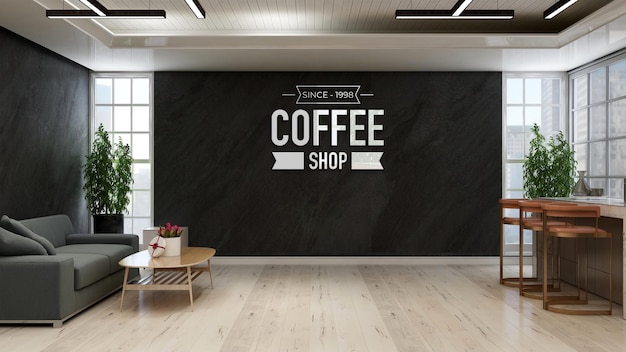 소파가 있는 커피숍 B의 3d 벽 카페 로고 모형