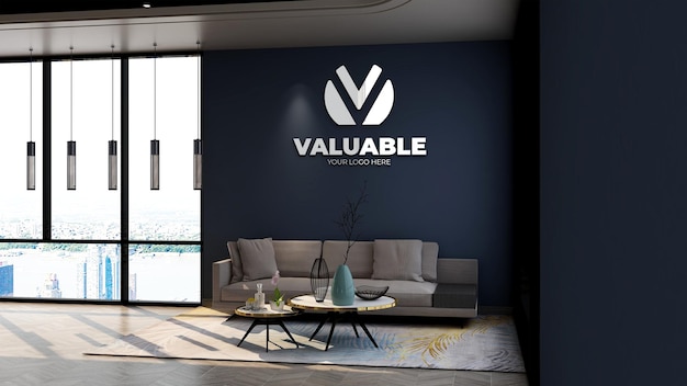 3d wall company logo mockup in the office lobby waiting room with navy wal