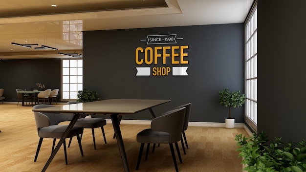 Mockup di logo da parete 3d nella caffetteria o ristorante con tavolo e sedia