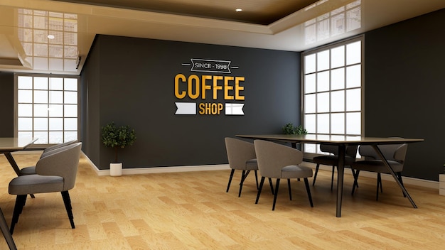 PSD mockup di logo da parete 3d nella caffetteria o ristorante con tavolo e sedia