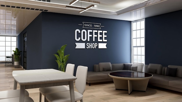 3d wall logo mockup in coffee shop with sofa