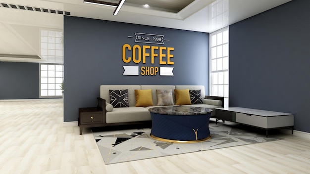 3d wall logo mockup in the coffee shop with sofa