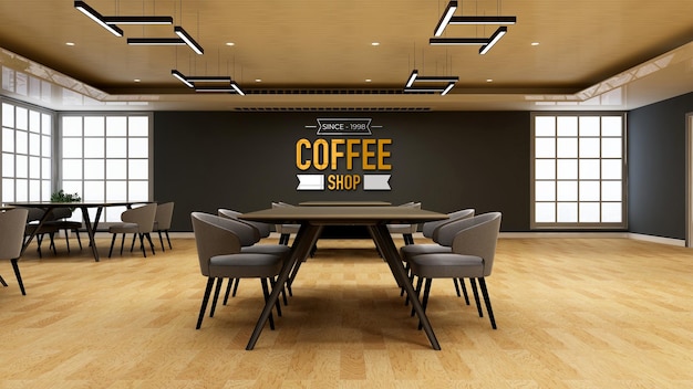 PSD テーブルと椅子のあるカフェやレストランの3d壁のロゴのモックアップ