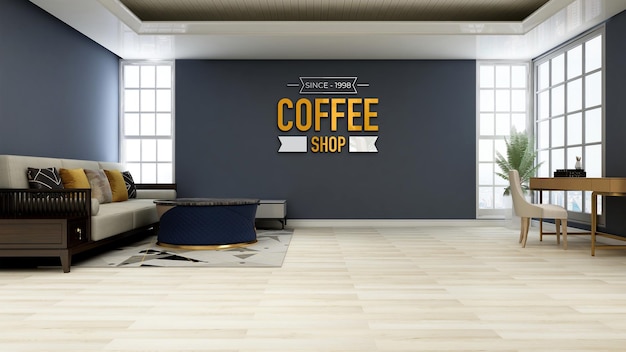 ソファとコーヒーショップの3d壁のロゴのモックアップ