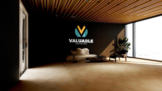 3d-мокет логотипа на стене в комнате ожидания лобби офиса