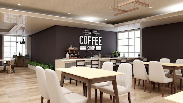Modello di logo a parete 3d nell'interno moderno del bar caffetteria