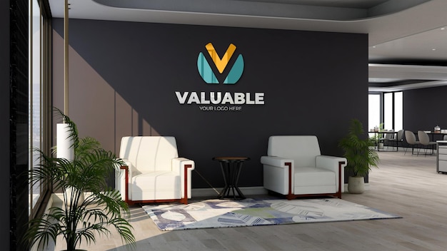 3d wall logo mockup in the office lobby waiting room with two sofa chair