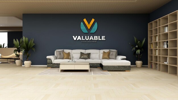 PSD 3d wall logo mockup in the office lobby waiting room