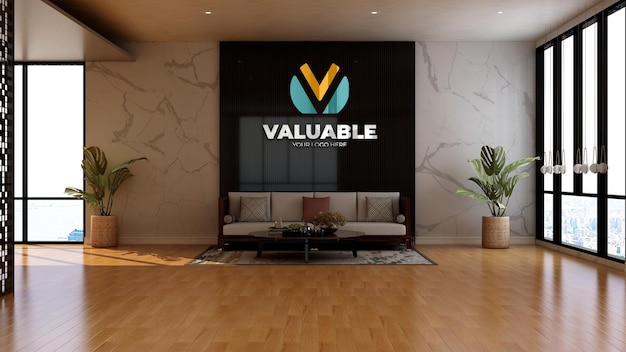 3d wall logo mockup in the office lobby waiting room