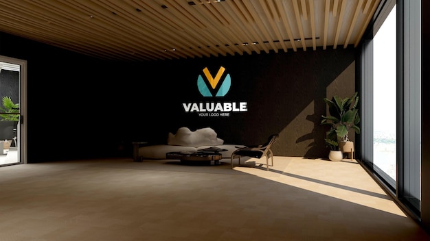 PSD mockup del logo a parete 3d nella sala d'attesa della hall dell'ufficio