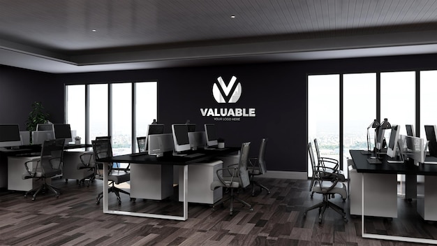 3d wall logo mockup in office workspace or workplace