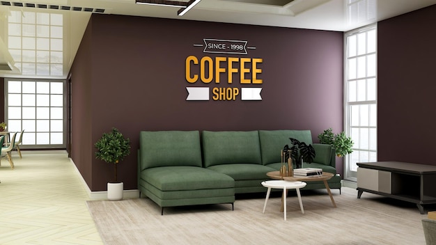3d макет логотипа на стене в кофейне с диваном