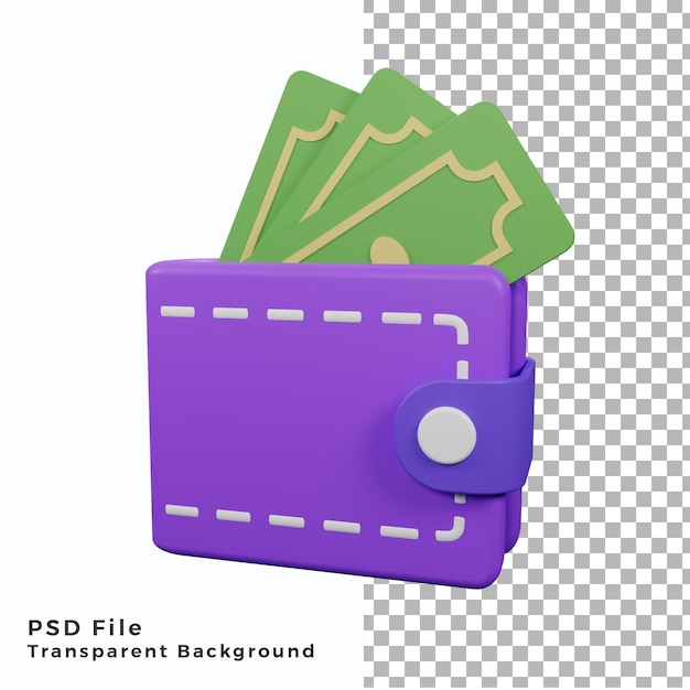 3d wallet icon with money dollar illustration high quality