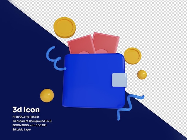 3d wallet illustration with money and coin