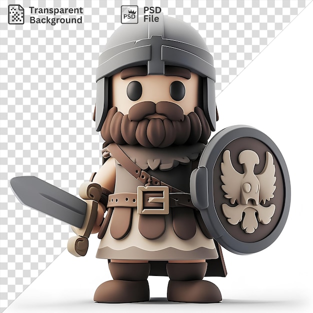 PSD 3d warlord cartoon leading a rebellion with a sword and shield accompanied by a toy and a black and gray helmet while a brown arm and black eye are visible in the foreground