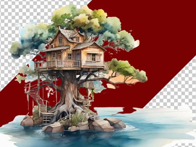 PSD 3d watercolor landscape with a old tree and tree house