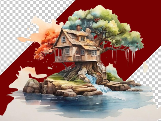 3d watercolor landscape with a old tree and tree house