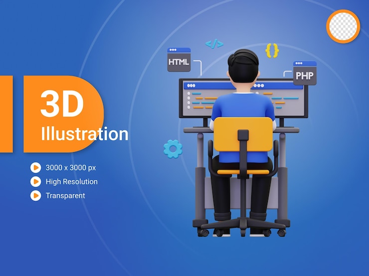 PSD 3d web developer working on project illustration