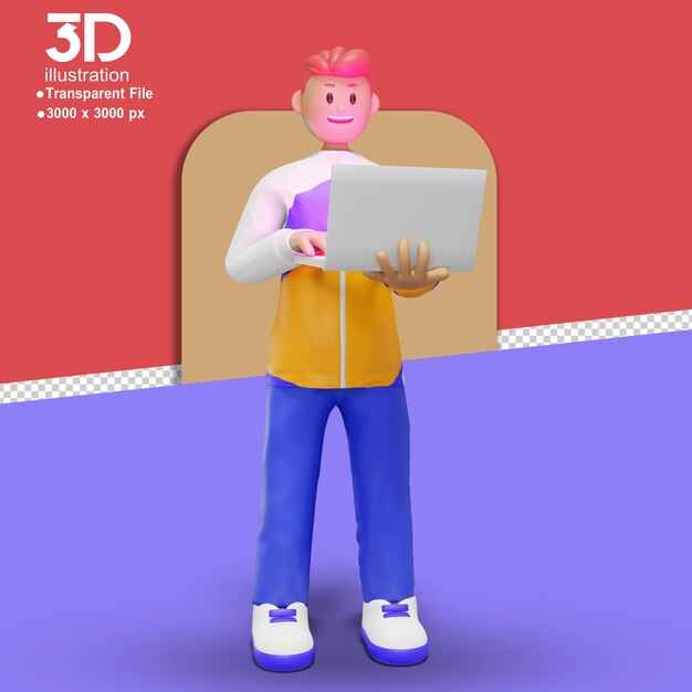 3d web illustratie jeugdkarakter pose met laptop op geïsoleerde achtergrond