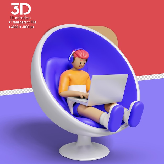 3d web illustration youth character pose with chair on isolated background